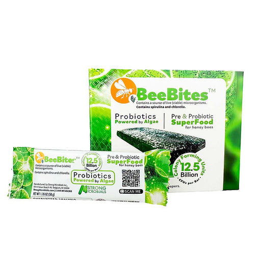 BeeBites Probiotics and Pre-Probiotic SuperFood for honey bees, shown as a large green and white box with a single wrapped bar in front on a plain white background.