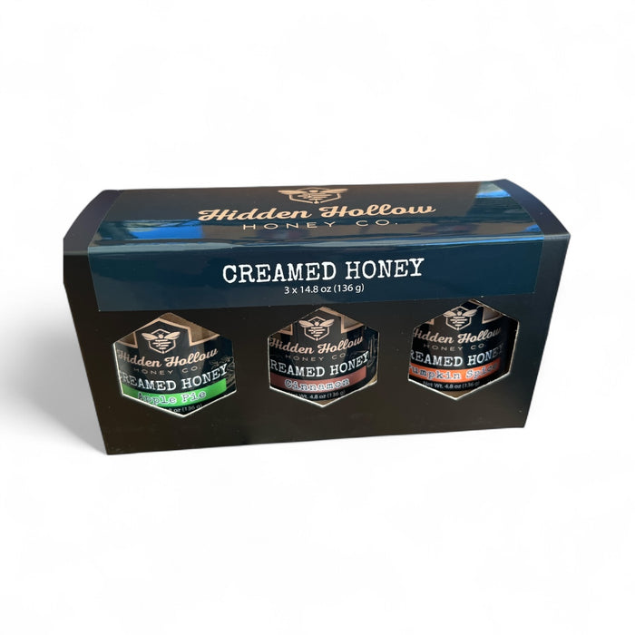 Box of Hidden Hollow Honey Co. creamed honey on a white background