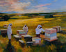 An oil painting depicting three beekeepers in white protective suits working with stacked beehives in an open grassy field under a blue and pink sky.