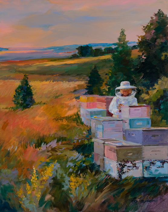 An impressionistic landscape painting depicting a beekeeper in white protective clothing standing among stacked beehives in a grassy field at sunset, with trees and rolling hills in the background.