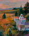 An impressionistic landscape painting depicting a beekeeper in white protective clothing standing among stacked beehives in a grassy field at sunset, with trees and rolling hills in the background.