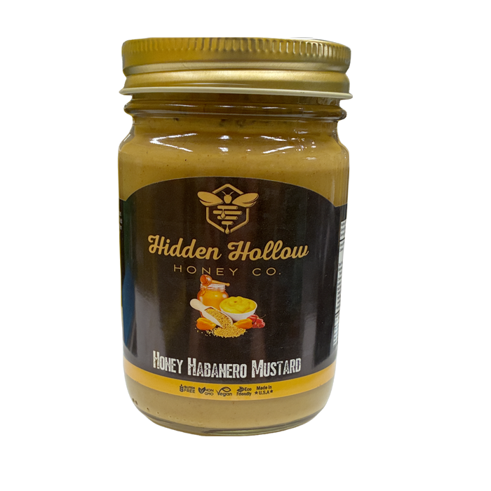 Front label of a 13-ounce jar of Honey Habanero Mustard