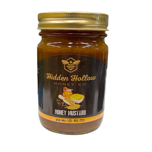 14-ounce jar of Hidden Hollow Honey Honey Mustard, a smooth sweet-and-tangy condiment made in the USA