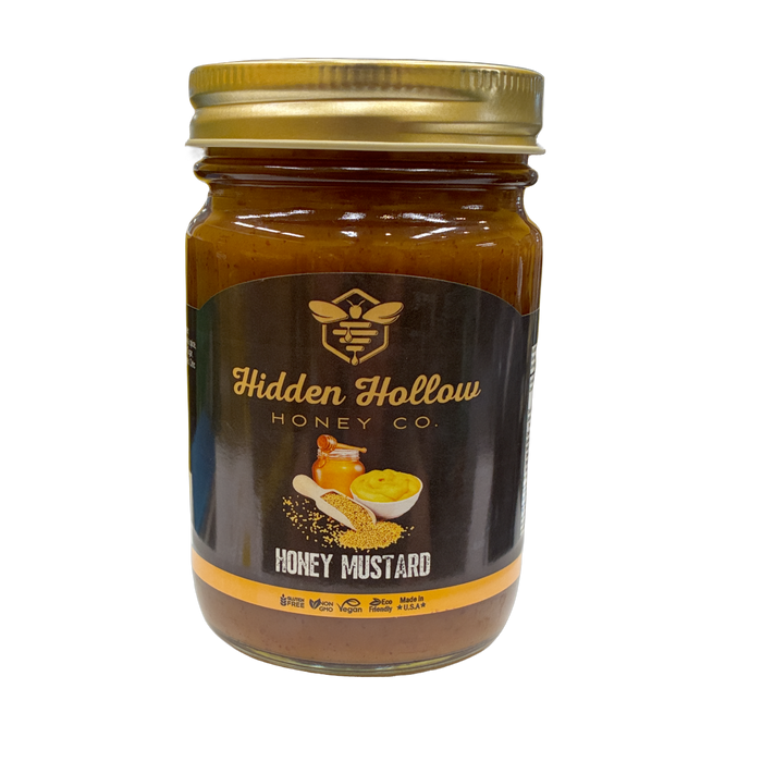 14-ounce jar of Hidden Hollow Honey Honey Mustard, a smooth sweet-and-tangy condiment made in the USA