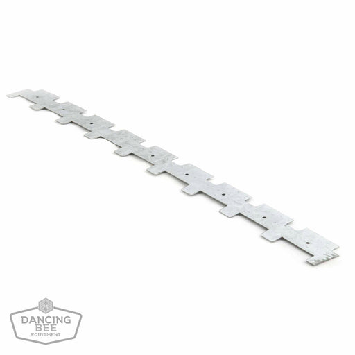 A metal frame spacer with pre-drilled holes, used for spacing nine frames evenly apart inside a hive.