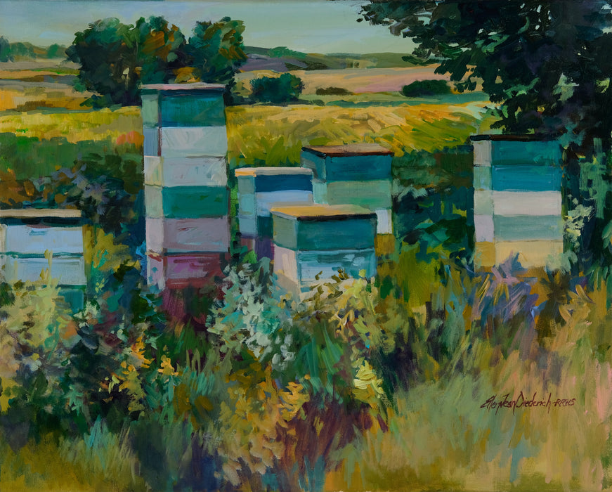 An impressionistic oil painting of beehives in a grassy field, signed by Richard Odland 2005 in the lower right corner.