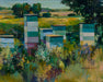 An impressionistic oil painting of beehives in a grassy field, signed by Richard Odland 2005 in the lower right corner.