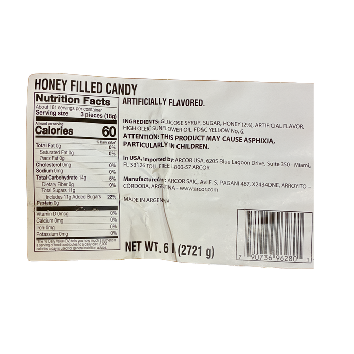 Honey candy nutrition label